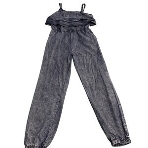 Girls 14/16 Blue Acid Wash Ruffle Jumpsuit Jogger‎ Denim Style Sleeveless Pocket
